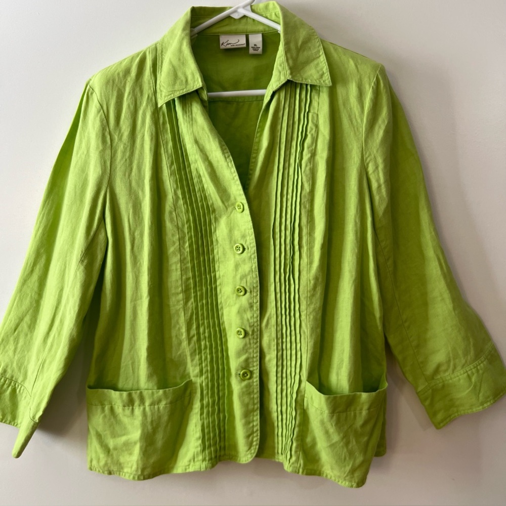 Kim Rogers Bright Lime Green Pintuck Button-Down Shirt